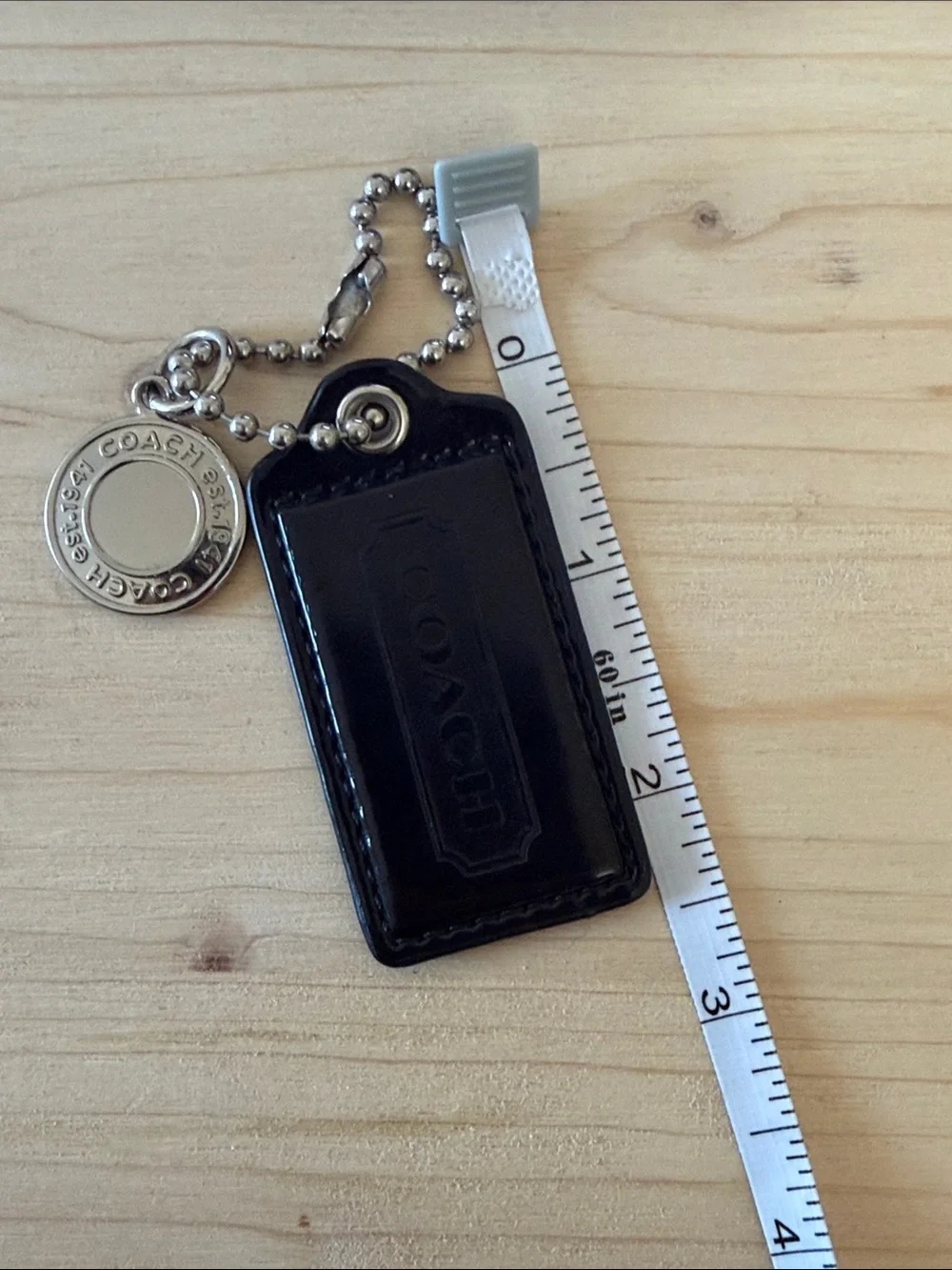 Coach Black Patent Leather Tag Keychain with Silver-Tone Charm